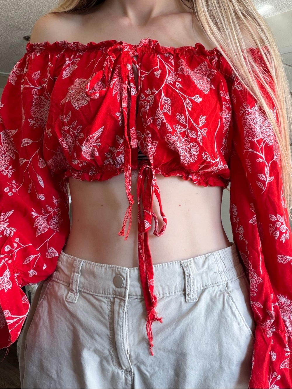 Mint Vanilla Red Floral Off-Shoulder Crop Top - Womens